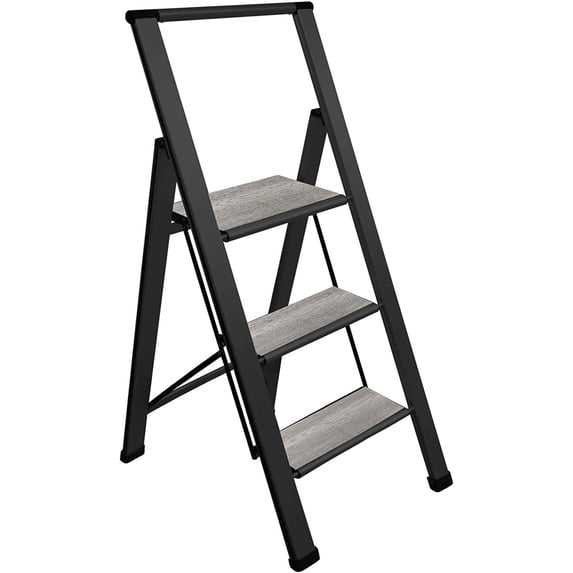 Sorfey 3-Step Step Ladder Slim, Anti-Slip Foldable Ladder Step Stool, Gray Wood & Black