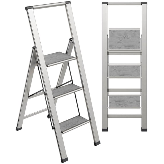 Sorfey 3-Step Step Ladder Slim, Anti-Slip Foldable Ladder Step Stool, Gray Wood & Silver