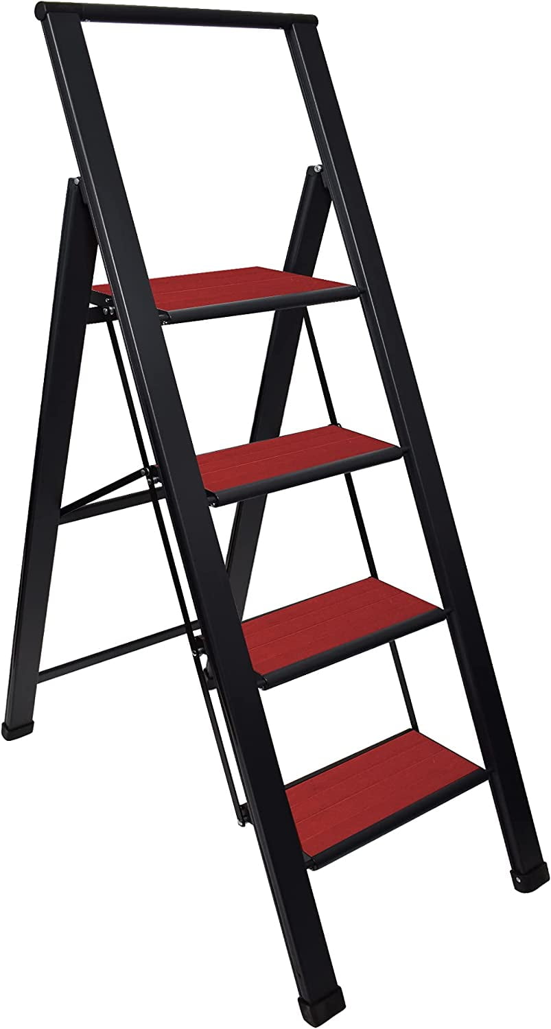 4-Step Black and Red Aluminum Folding Ladder