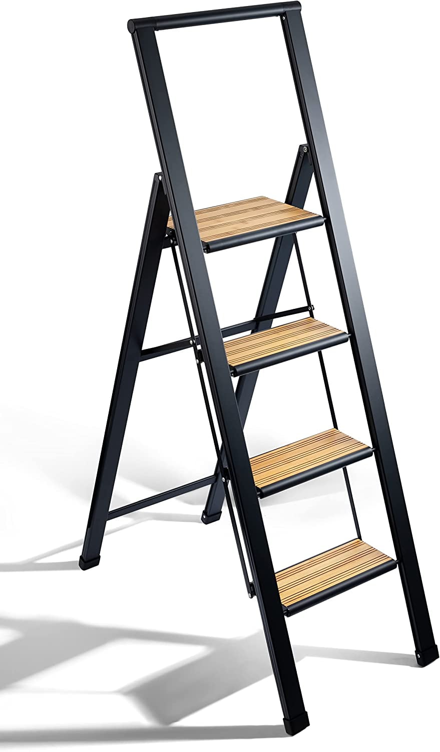 Black Aluminum and Bamboo 4-Step Folding Ladder