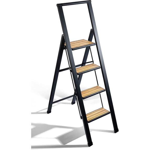 Sorfey 4-Step Folding Step Ladder Slim, Aluminum Foldable Step Stool, Black