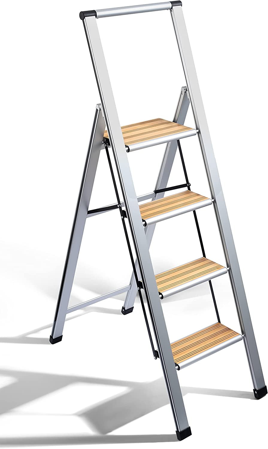 Slim 4-Step Silver and Bamboo Aluminum Folding Ladder