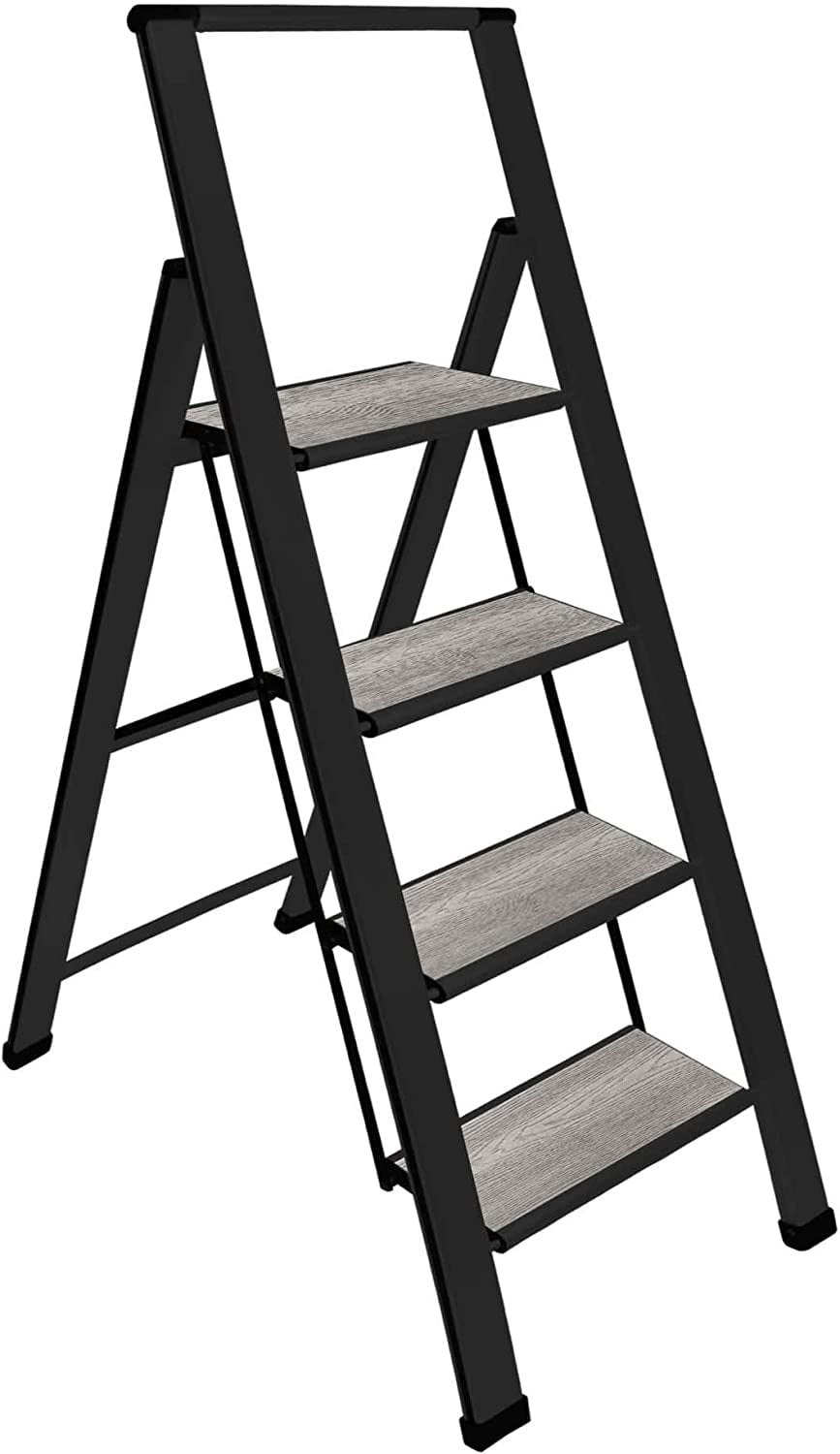Gray Wood and Black Aluminum 4-Step Folding Ladder