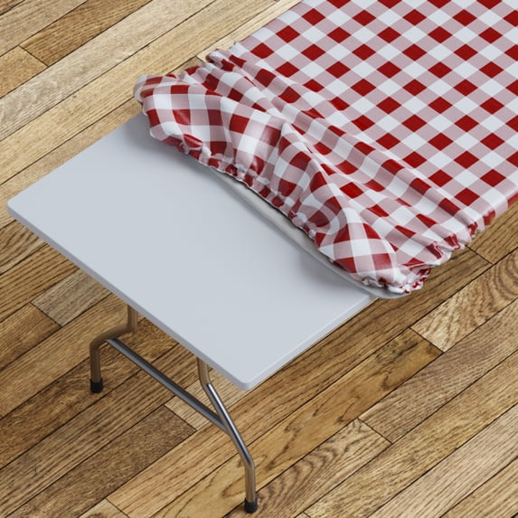 Sorfey Fitted Picnic Table Cover Checkered Rectangle Stretchable Tablecloth, Burgundy 36"x 96"