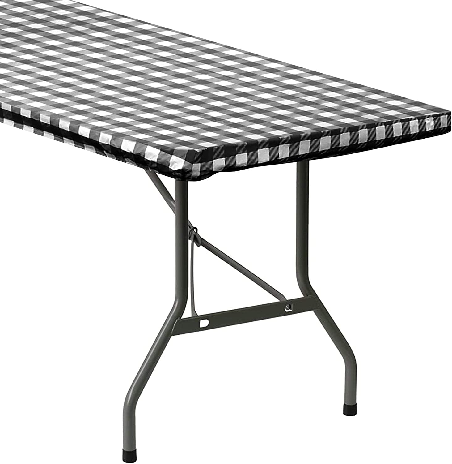 Sorfey Fitted Picnic Table Cover Checkered Rectangle Tablecloth, Black