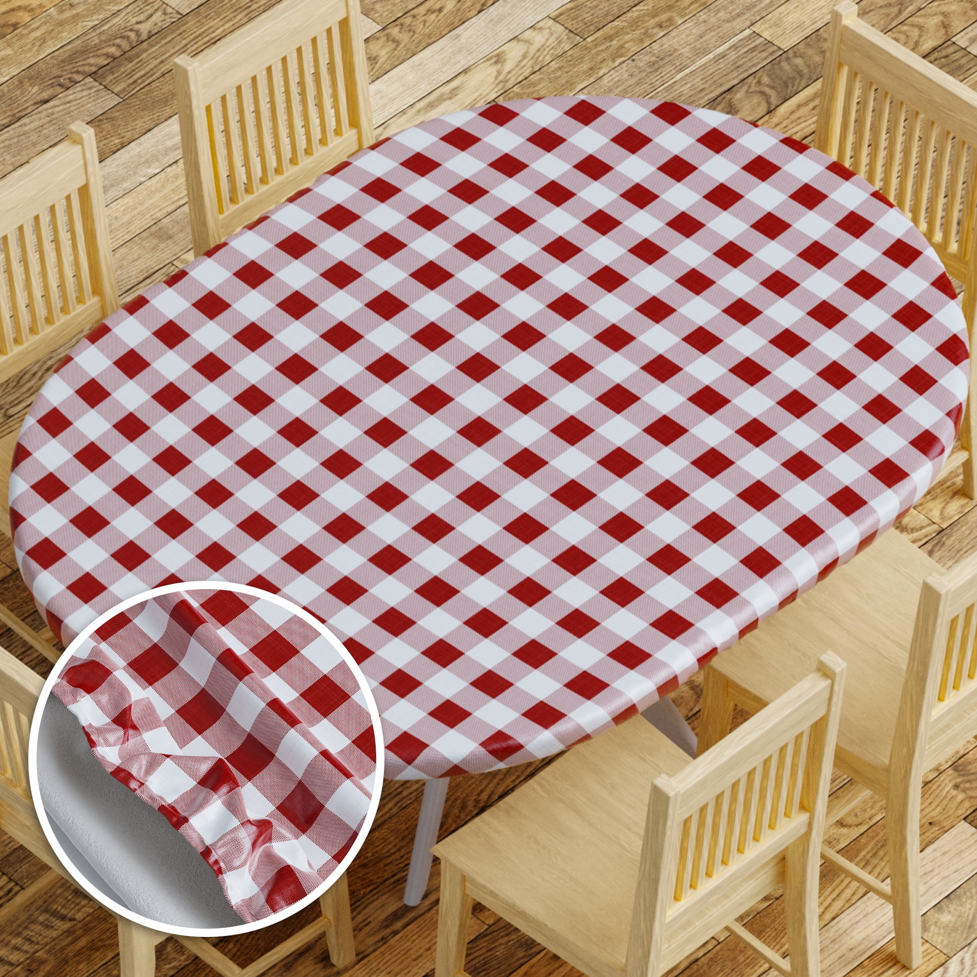 Sorfey Oval Vinyl Table Cover Checkered Fitted Picnic Tablecloth, Red 48" x 68"