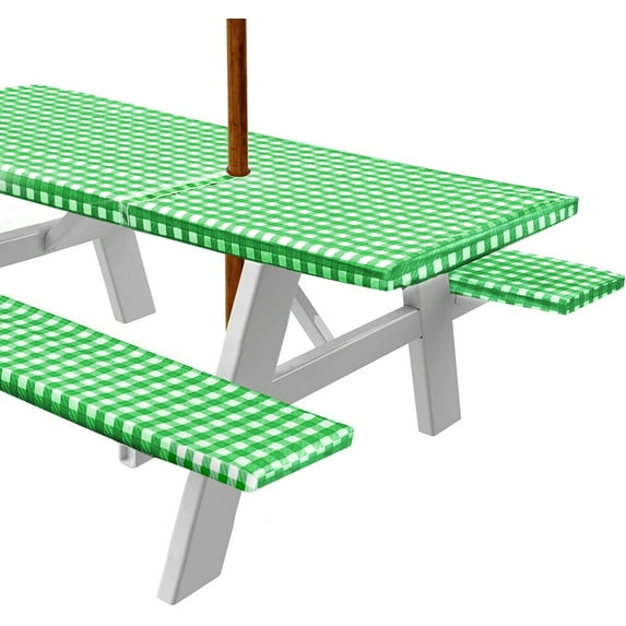 Sorfey Rectangle Fitted Picnic Table Cover Tablecloth with Umbrella Hole, 3-Pc. Set Green 30"x72"