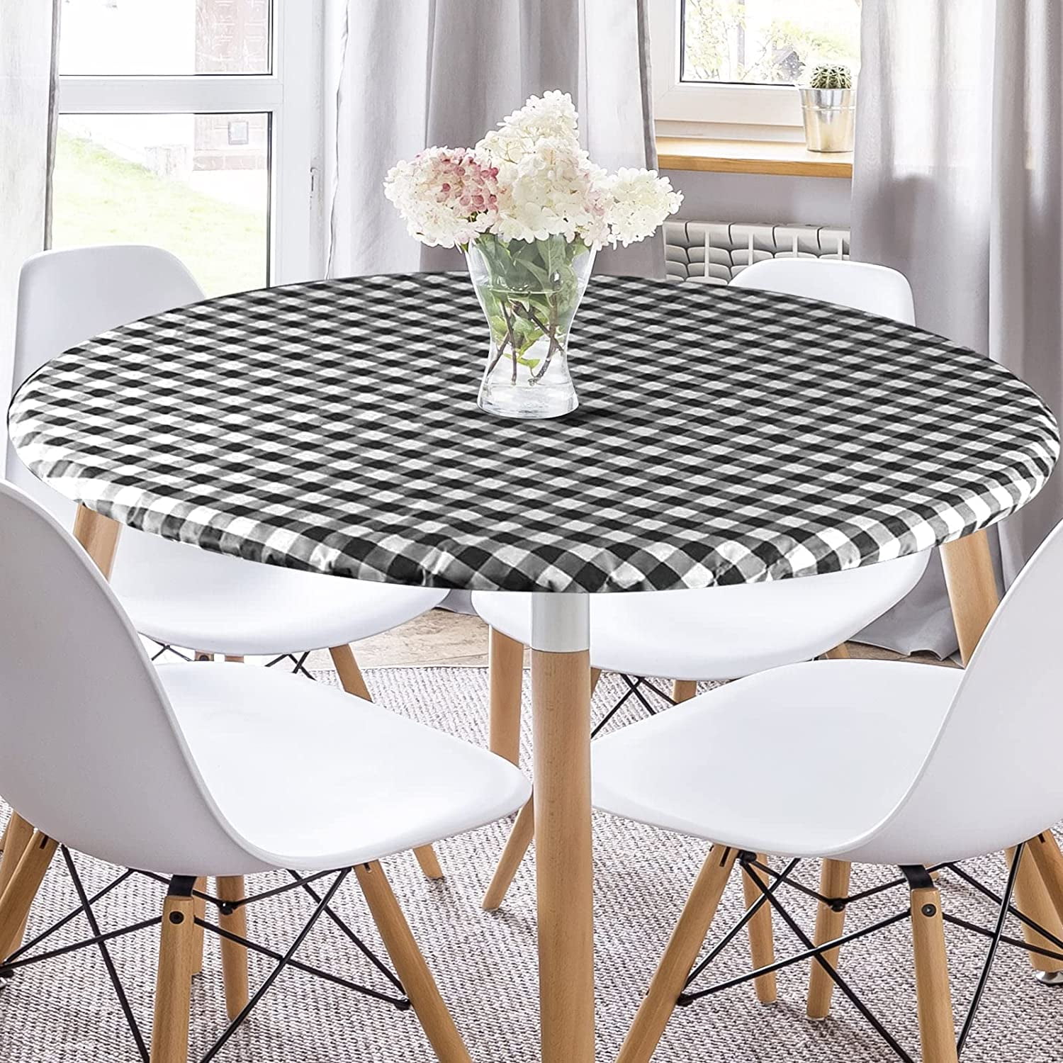 Sorfey Round Dining Table Cover Fitted Checkered Vinyl Table Cloth ...