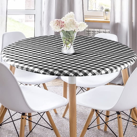 Sorfey Round Dining Table Cover Fitted Checkered Vinyl Table Cloth, Black 42” x 54”