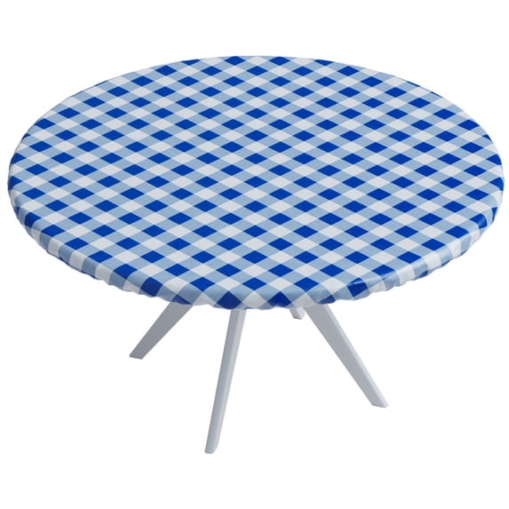 Sorfey Round Dining Table Cover Fitted Checkered Vinyl Table Cloth, Blue 42” x 54”