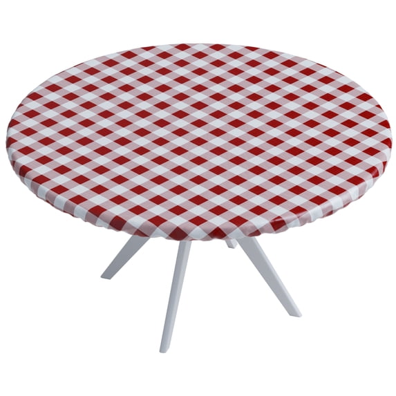 Sorfey Round Dining Table Cover Fitted Checkered Vinyl Table Cloth, Burgundy 42” x 54”