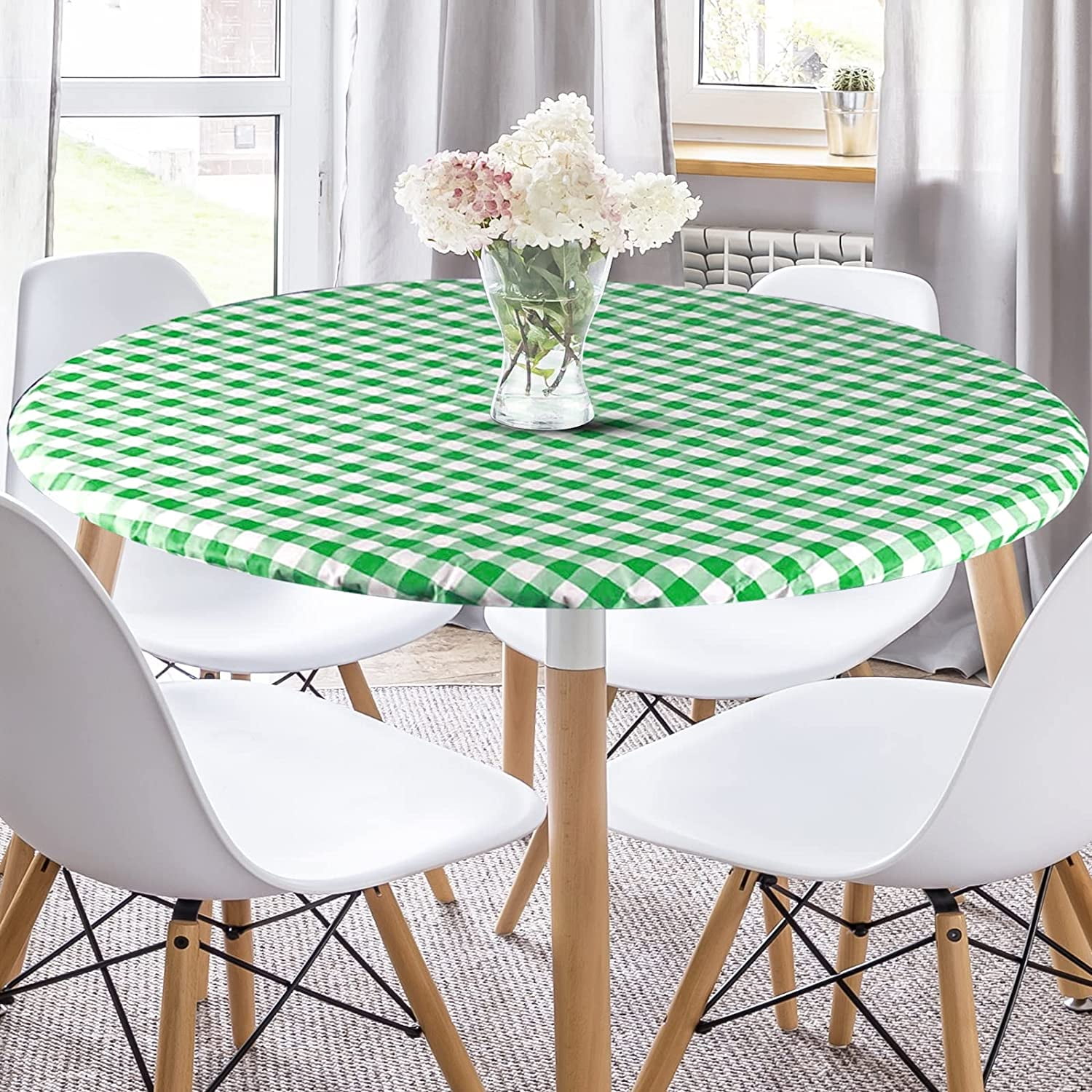 Sorfey Round Dining Table Cover Fitted Checkered Vinyl Table Cloth, Green 42” x 54”