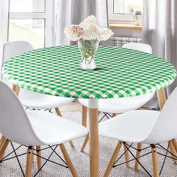 Sorfey Round Dining Table Cover Fitted Checkered Vinyl Table Cloth, Green 70” x 70”