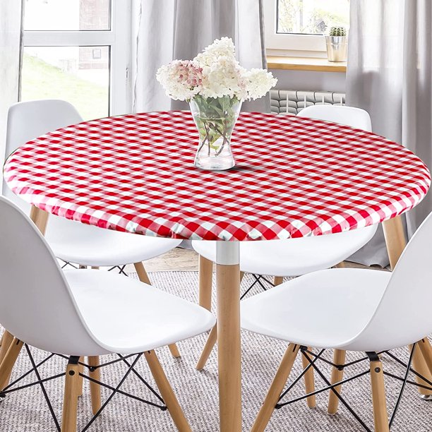 Sorfey Round Dining Table Cover Fitted Checkered Vinyl Table Cloth