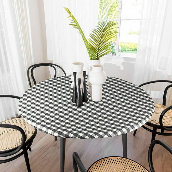Sorfey Round Picnic Table Cover Checkered Fitted Tablecloth, Black 30" x 30"