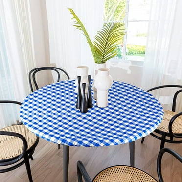 Sorfey Round Picnic Table Cover Checkered Fitted Tablecloth, Blue 60" x 60"