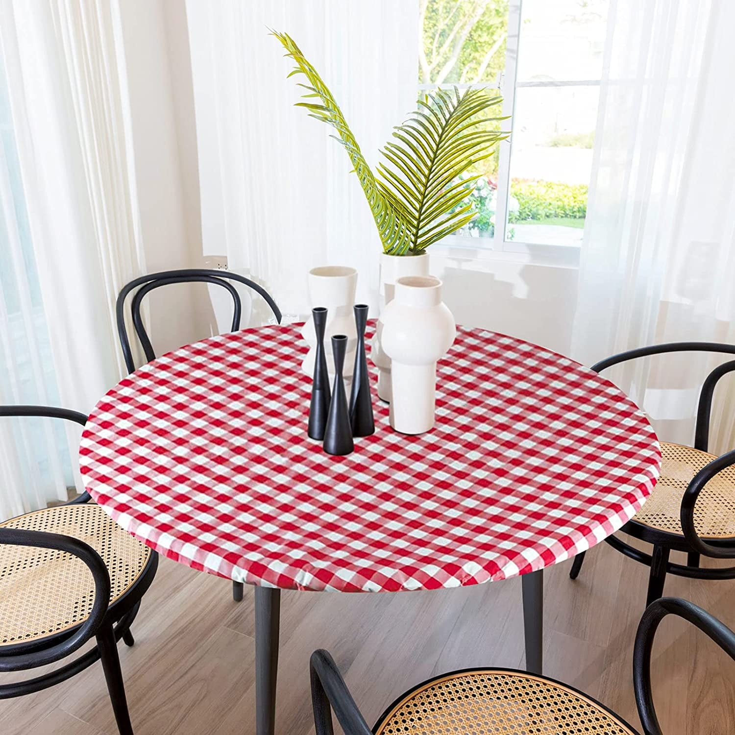 Red and White Checkered Vinyl Round Fitted Tablecloth, 36-inch