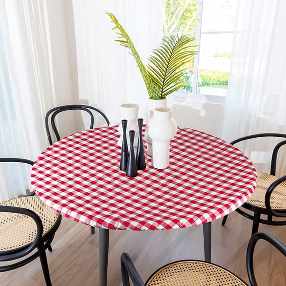 Sorfey Round Picnic Table Cover Checkered Fitted Tablecloth, Red 48" x 48"