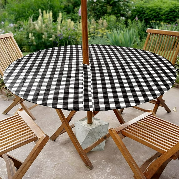 Sorfey Round Table Cover Fitted Picnic Tablecloth with Umbrella Hole, Black 54"