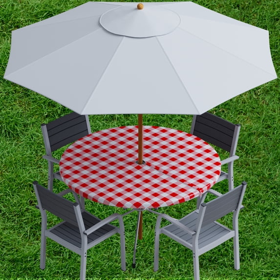 Sorfey Round Table Cover Fitted Picnic Tablecloth with Umbrella Hole, Red 60"