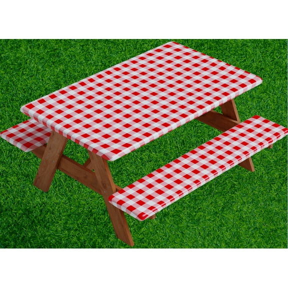 Sorfey Vinyl Picnic Table Fitted Tablecloth Cover, Checkered Design, Flannel Backed Lining, 28 x 72 Inch, Red