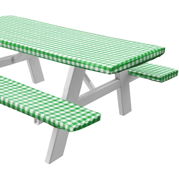 Sorfey Vinyl Picnic Table and Bench Fitted Tablecloth Cover, Checkered Design, Flannel Backed Lining, 28 x 72 Inch, 3-Piece Set, Green