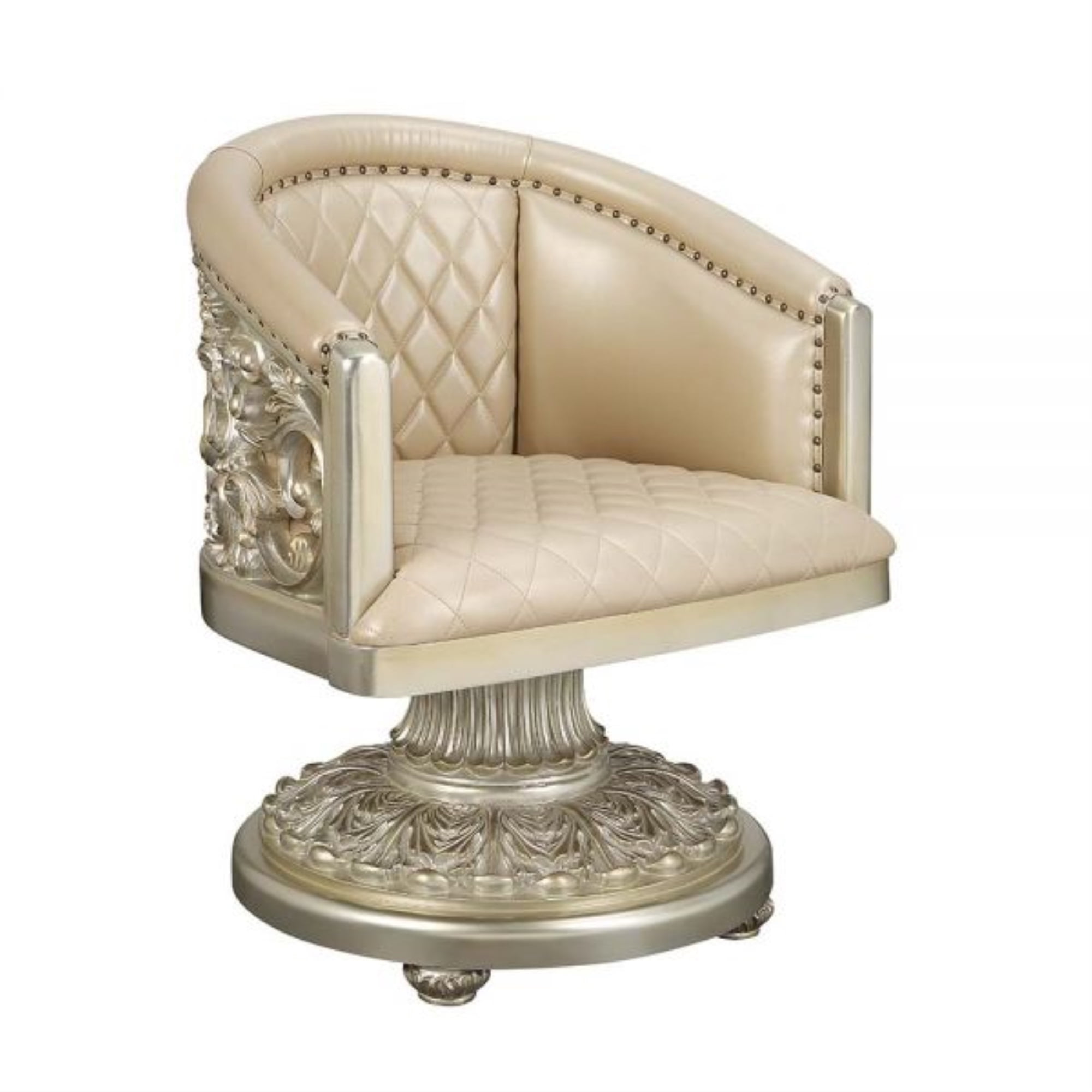 Antique Gold Floral Faux Leather Dining Chair with Wood Base