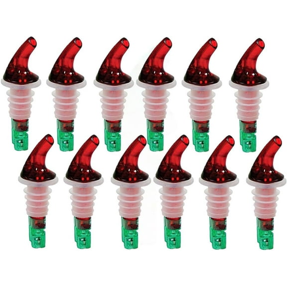 Soro Essentials- Set of 12 Plastic 1.5 oz. Automatic Measured Bottle Pourer with Red Spout No Collar- Quick Shot Measure Pourer for Drinks Wine Cocktail Home Bar Kitchen Tools