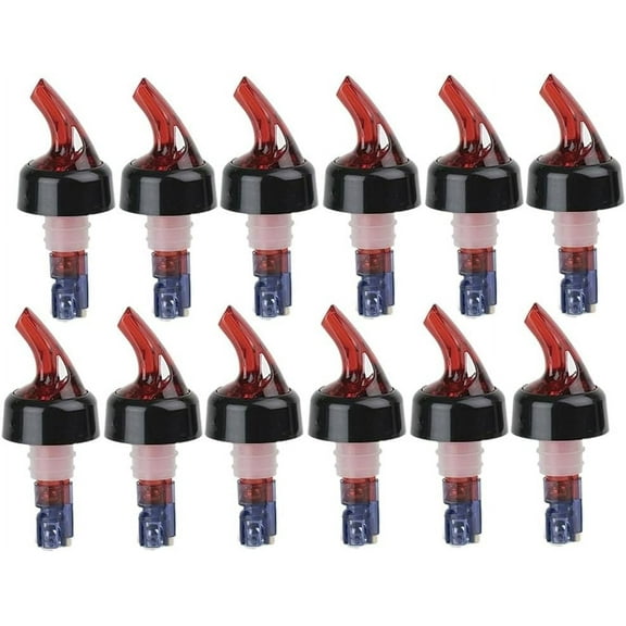 Soro Essentials- Set of 12 Plastic 1 oz. Automatic Measured Bottle Pourer with Red Spout and Collar- Quick Shot Measure Pourer for Drinks Wine Cocktail Home Bar Kitchen Tools