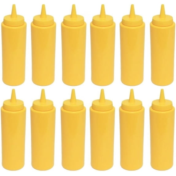 Soro Essentials- Set of 12 Plastic 8 oz. Squeeze Bottles Yellow Color- Multipurpose Squirt Bottles for Ketchup Condiments BBQ Sauce Dressing Barbecue Grilling Crafts Syrup and More