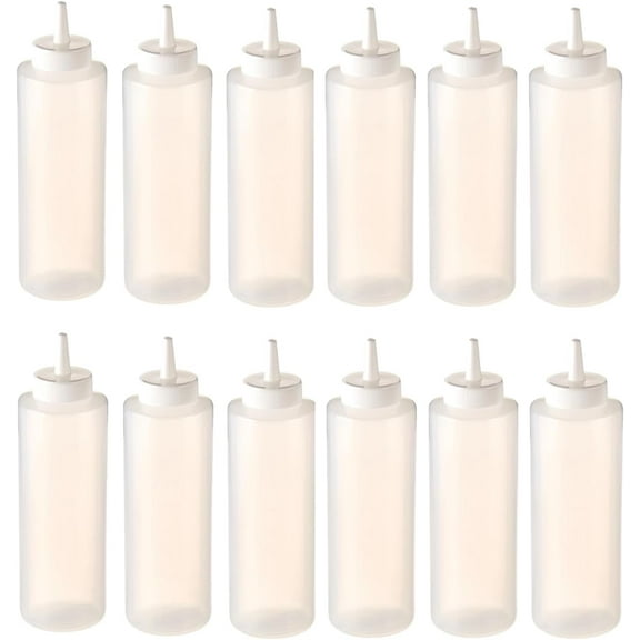 Soro Essentials- Set of 12 Plastic 12 oz. Squeeze Bottles Clear Color-Multipurpose Squirt Bottles for Ketchup Condiments BBQ Sauce Dressing Barbecue Grilling Crafts Syrup and More
