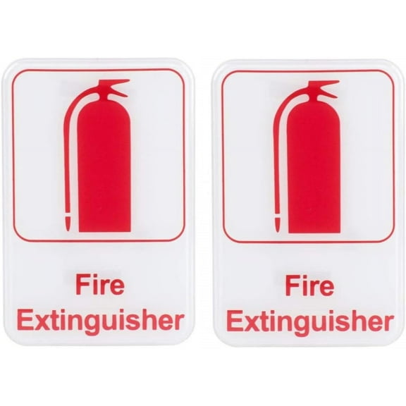 Soro Essentials- Set of 2 Plastic Fire Extinguisher Sign 6" x 9" Red on White Color- Informative Sign with Self-Adhesive Backing and Symbols for Restaurant Salons Hotel Motel Rest Stops Public
