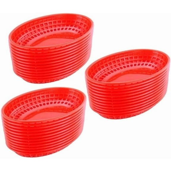 Soro Essentials- Set of 36 Plastic Oval Fast Food Basket 9-3/8 x 6 Red Color- Restaurant Fast Food Basket Bread Fry Baskets Serving Tray for Hot Dogs Chicken Burgers Sandwiches Fries