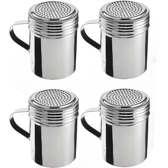Soro Essentials- Set of 4 Stainless Steel 10 oz. Salt and Pepper Dredge Shakers with Handle- Seasonings Spice Shakers with Holes Spice Dispenser for Cooking Baking Dredge for Spice Sugar Seasoning