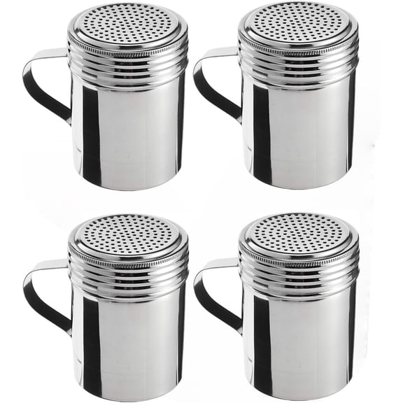 Soro Essentials- 10 oz. Stainless Steel Salt and Pepper Dredge Shakers with Handle Set of 4- Seasonings Spice Shakers with Holes Spice Dispenser for Cooking Baking Dredge for Spice Sugar Seasoning