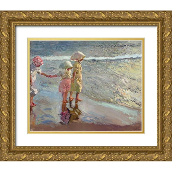 Sorolla, Joaquin 14x12 Gold Ornate Wood Framed with Double Matting Museum Art Print Titled - The three sisters on the beach