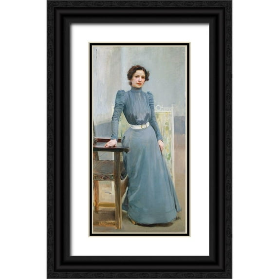 Sorolla, Joaquin 18x32 Black Ornate Wood Framed with Double Matting Museum Art Print Titled - Clotilde in a grey dress