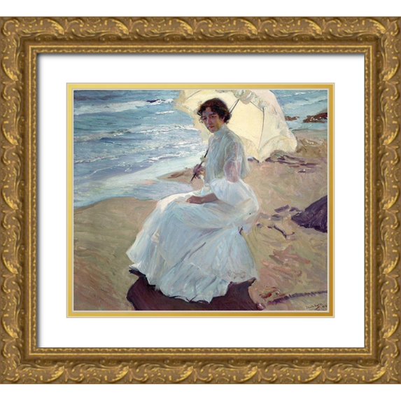 Sorolla, Joaquin 22x20 Gold Ornate Wood Framed with Double Matting Museum Art Print Titled - Clotilde on the Beach