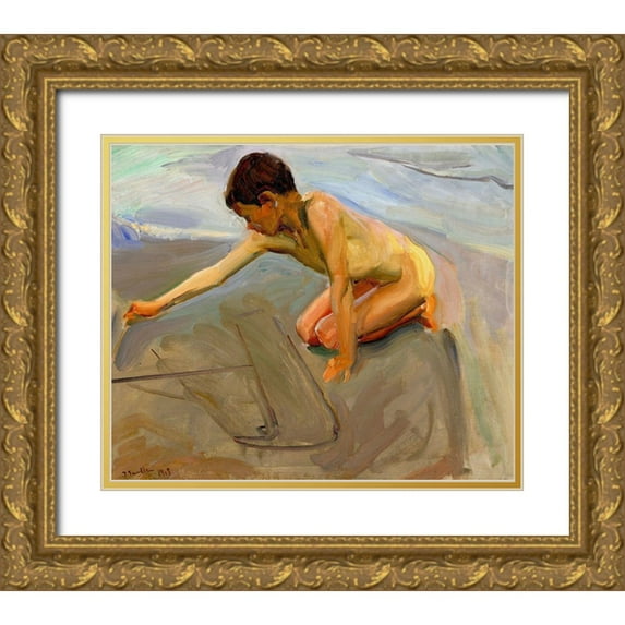 Sorolla, Joaquin 23x20 Gold Ornate Wood Framed with Double Matting Museum Art Print Titled - Drawing in the sand