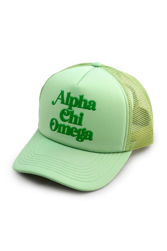 Alpha Chi Omega Baseball Cap - Mesh Trucker-Style Hat, Padded Front Panel and Snap Closure (Green)