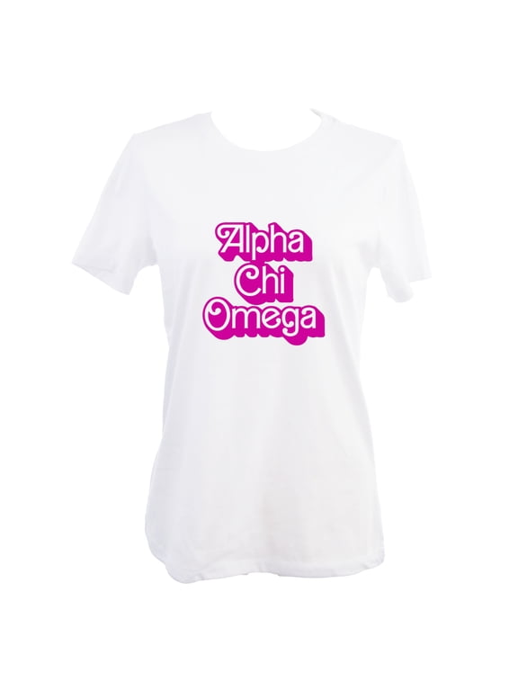 Alpha Chi Omega Relaxed Fit T-Shirt with Pink Retro Dolly Design, Size Large