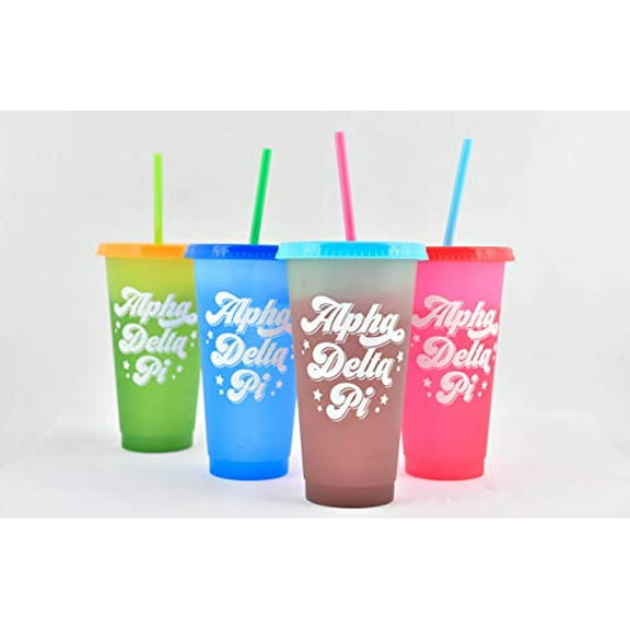 Sorority Shop Alpha Delta Pi Color Changing Cups - Pack of 4 Reusable Cups with Lids and Straws, Alpha Delta Pi Cup, Perfect Size 24 Oz Tumbler Cups, Mix and Match Lids With Cool Retro Design