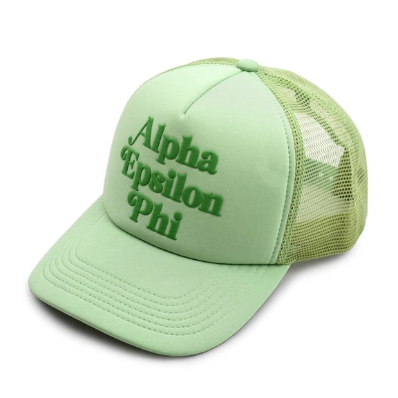 Sorority Shop Alpha Epsilon Phi Baseball Cap - Mesh Trucker-Style Hat, Padded Front Panel and Snap Closure (Green)