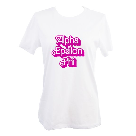 Sorority Shop Alpha Epsilon Phi Relaxed Fit T-Shirt with Pink Retro Dolly Design, Size Small