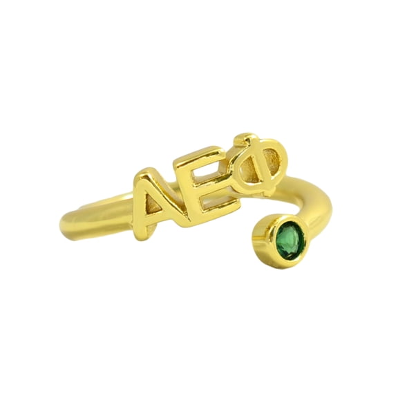 Sorority Shop Alpha Epsilon Phi Ring, Wraparound Ring with 18k PVD Gold Coating and Cubic Zirconia Green Stone