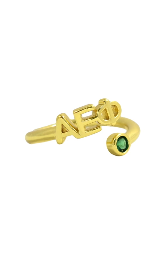 Alpha Epsilon Phi Ring, Wraparound Ring with 18k PVD Gold Coating and Cubic Zirconia Green Stone