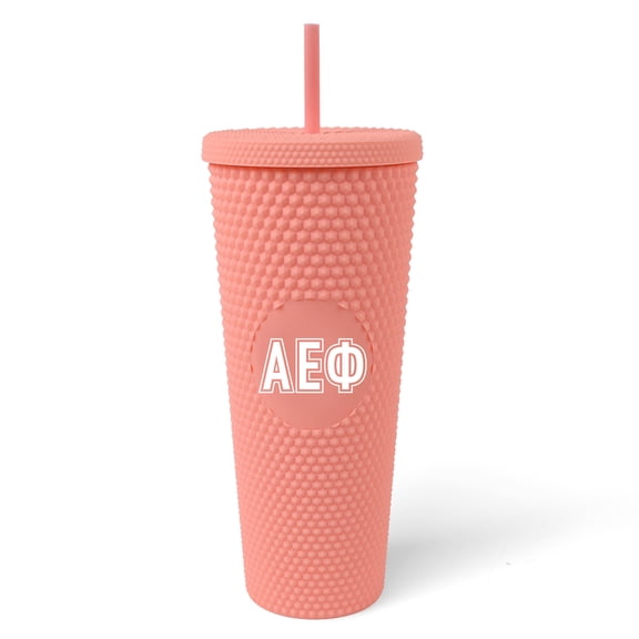 Sorority Shop Alpha Epsilon Phi Studded Tumbler - 24 Oz Tumbler with Lid and Straw, Matte Coral, Reusable Plastic Cup with Screen Printed Greek Letters