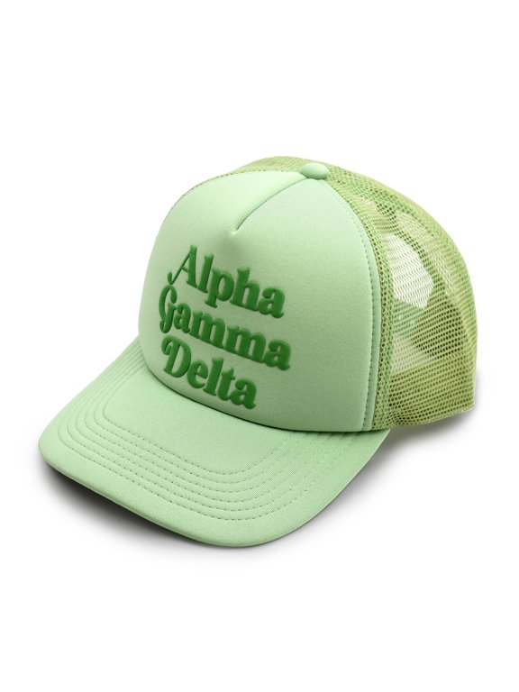 Alpha Gamma Delta Baseball Cap - Mesh Trucker-Style Hat, Padded Front Panel and Snap Closure (Green)