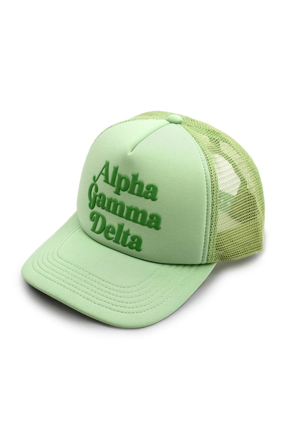 Alpha Gamma Delta Baseball Cap - Mesh Trucker-Style Hat, Padded Front Panel and Snap Closure (Green)