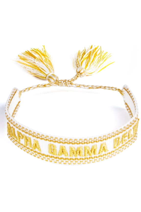 Alpha Gamma Delta Bracelet Woven Bracelet, White and Gold Design with ACO Sorority Name and Tassels, Greek Sorority Jewelry